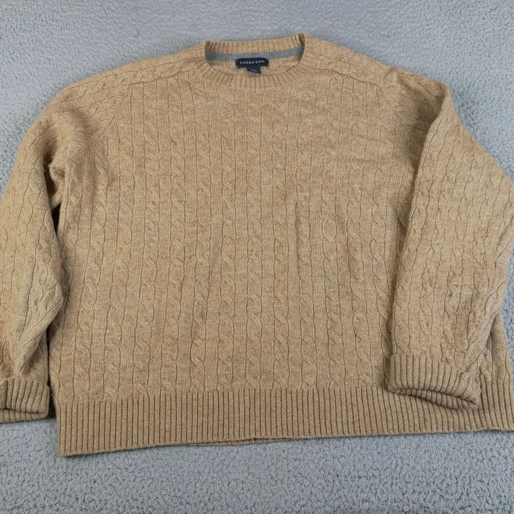 LANDS END Merino Wool Blend Sweater Mens XL Brown Cable Knit Pullover Crewneck